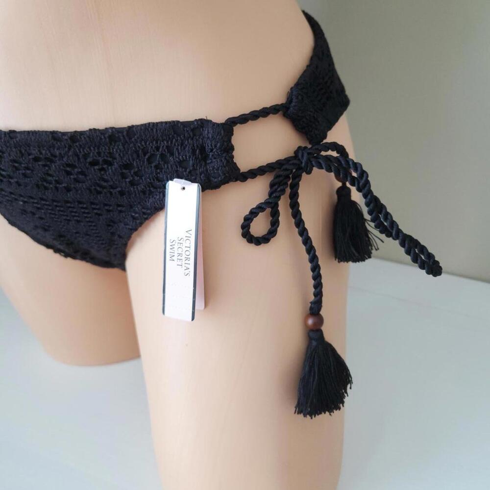 Victoria's Secret Black Crochet braided, boho‑style tie Bikini Bottom - Large